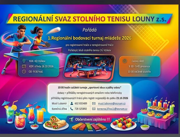 1.&nbsp;Regionální bodovací turnaj mládeže ve&nbsp;stolním tenisu 28.10.2026